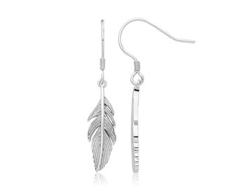 Pair of Rhodium Plated 925 Sterling Silver 2cm Feather Design Hook Drop Earrings