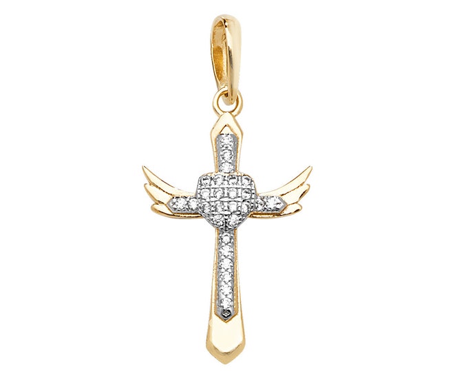 9ct 2 Colour Gold Cz Pave Heart & Angel Wings Cross Pendant Hallmarked