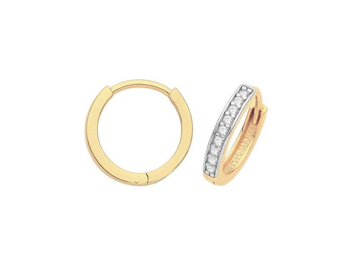 9ct Yellow Gold Half Cz Channel Set 8mm Diameter Hinged Huggies Hoop Earrings - Real 9K Gold