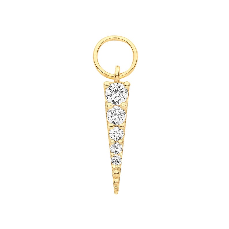May include: Gold charm with a pointed shape and a row of clear cubic zirconia stones. The charm has a loop at the top for attaching to a necklace or bracelet.