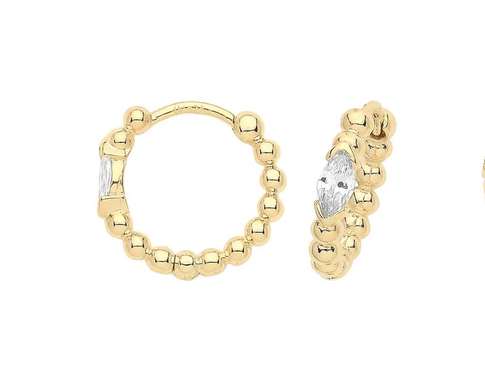 9ct Yellow Gold Marquise Cz 10mm Diameter Bobble Hinged Clicker Hoop Earrings - Real 9K Gold