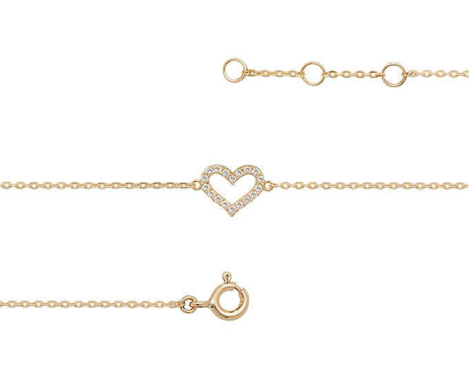 Ladies 9ct Yellow Gold Cz Heart Charm Link 7.25" Fine Lightweight Chain Bracelet - Real 9K Gold