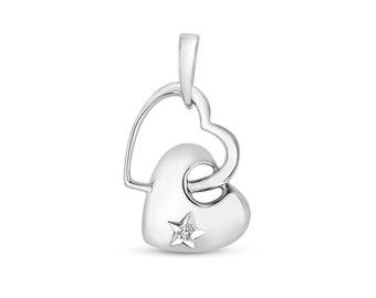 9ct White Gold Double Heart Pendant With Single Star Set Diamond Hallmarked - Real 9K Gold