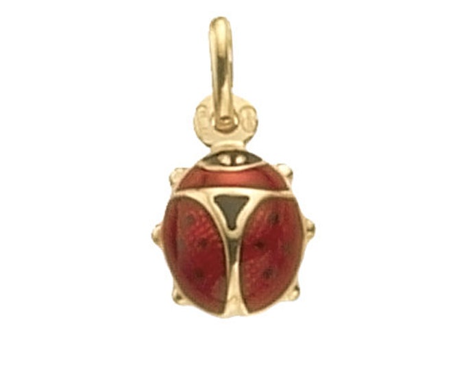 Small 9ct Yellow Gold & Red Enamel 1.3cm Ladybird Charm Pendant - Real 9K Gold