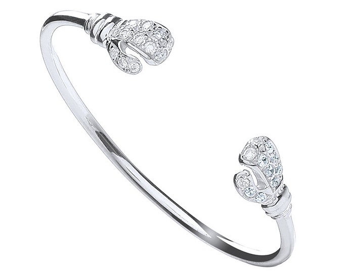 925 Sterling Silver Babies Cz Boxing Glove Torque Bangle