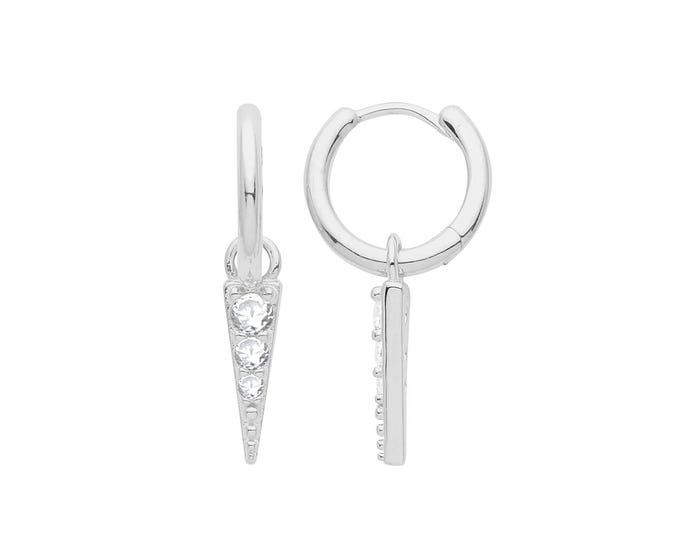 925 Sterling Silver 10mm Hinged Hoop Earrings With Pave cz Spike Drop Charm Rhodium Plated