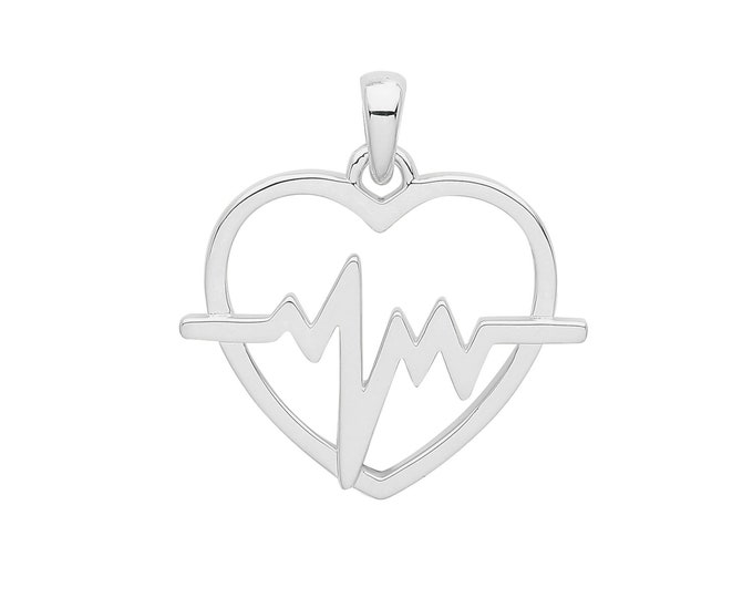 Rhodium Plated  925 Sterling Silver 20mm Heart Beat Pendant