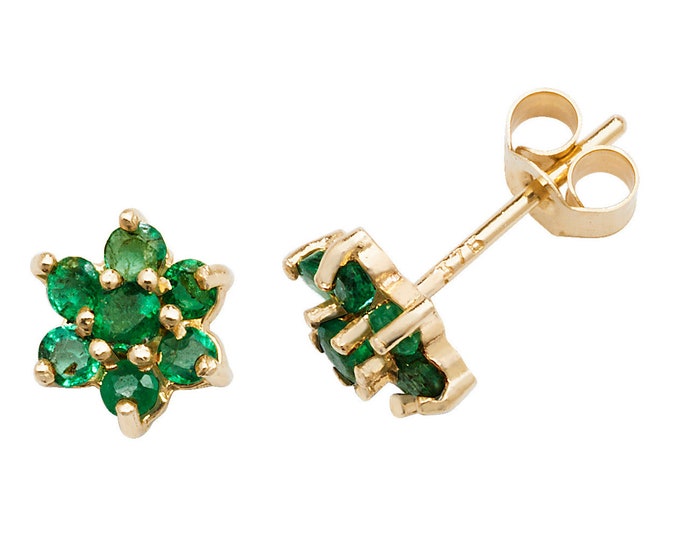 Green Emerald Cluster Stud Earrings - 9ct Yellow Gold 4.5mm Diameter Real Emerald Flower Earrings- Real 9K Gold