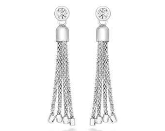925 Sterling Silver Bezel Rub Over Set Cz & Tassel Chain Drop Earrings