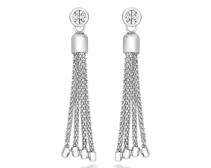 925 Sterling Silver Bezel Rub Over Set Cz & Tassel Chain Drop Earrings