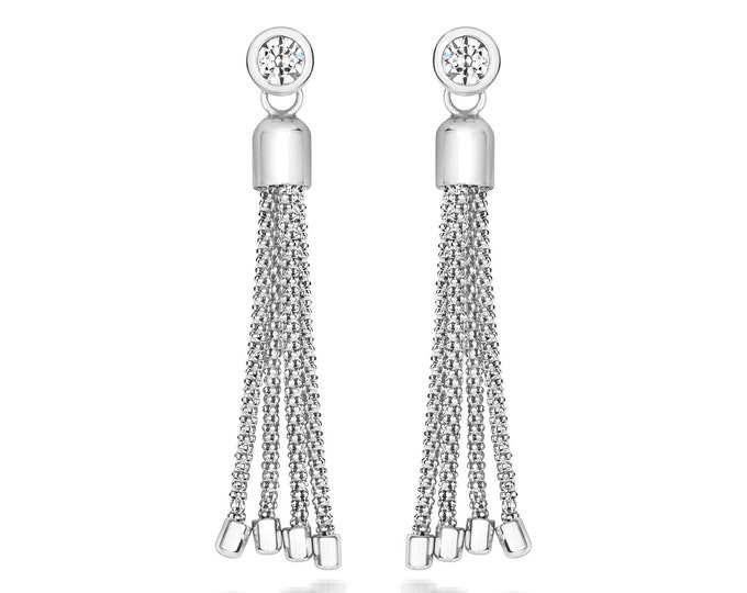 925 Sterling Silver Bezel Rub Over Set Cz & Tassel Chain Drop Earrings