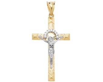 9ct 2 Colour Gold 4cm Jesus Halo Crucifix Pendant - Christ Crucifix Crucifixion- Real 9K Gold