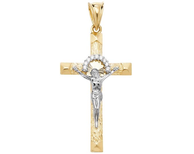 9ct 2 Colour Gold 4cm Jesus Halo Crucifix Pendant - Christ Crucifix Crucifixion- Real 9K Gold