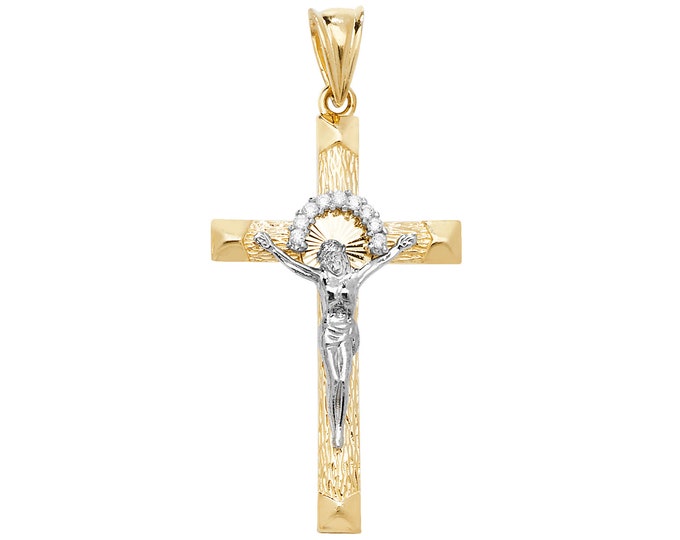 9ct 2 Colour Gold 4cm Jesus Halo Crucifix Pendant - Christ Crucifix Crucifixion- Real 9K Gold