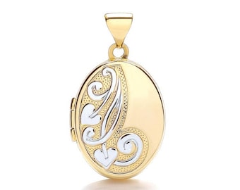 9ct 2 Colour Gold Half Engraved Small Oval Shaped 2 Photo Locket - Real 9K Gold