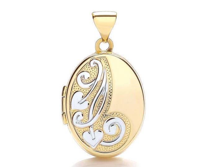 9ct 2 Colour Gold Half Engraved Small Oval Shaped 2 Photo Locket - Real 9K Gold