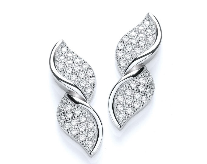 925 Sterling Silver Micro Pave Cz Double Twisted Leaf Stud Earrings