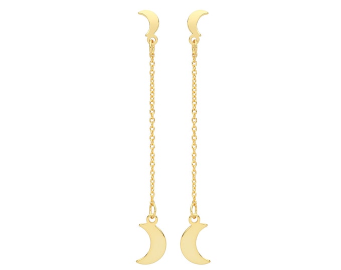 Contemporary Gold Plated 925 Sterling Silver 4.5cm Plain Polished Double Moon Chain Drop Earrings