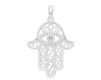 Rhodium Plated 925 Sterling Silver 25mm Hamsa Hand Cz Evil Eye Talisman Charm Pendant