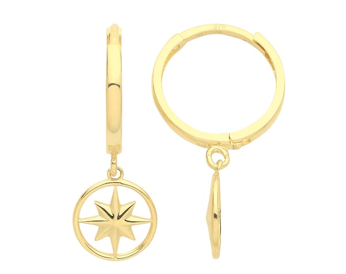 9K Yellow Gold 10mm Hinged Hoop Earrings With Circle Star Drop Charm - Real 9K Gold