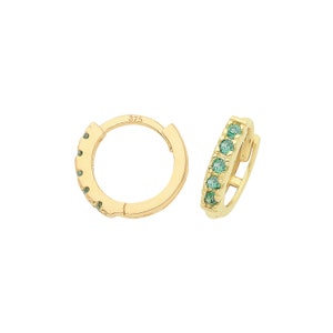 9ct Yellow Gold Emerald Green Cz Claw Set 7mm Diameter Hinged Huggies Hoop Earrings - Real 9K Gold