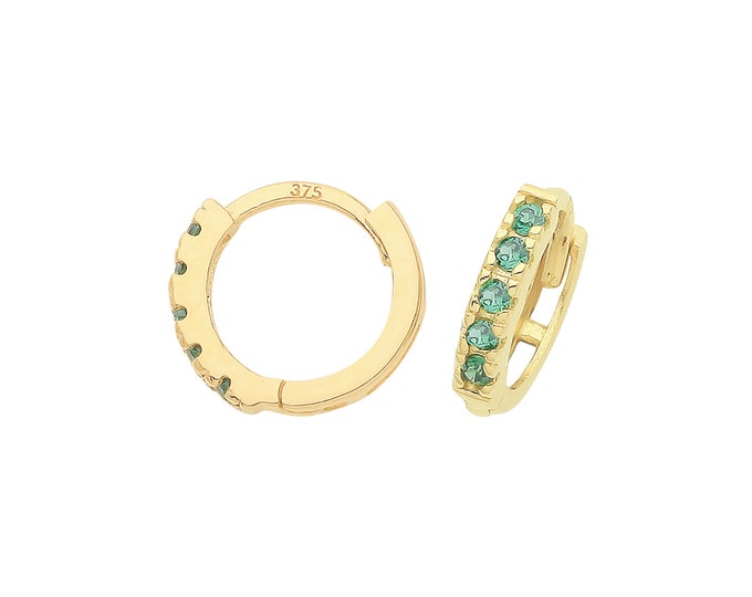 9ct Yellow Gold Emerald Green Cz Claw Set 7mm Diameter Hinged Huggies Hoop Earrings - Real 9K Gold