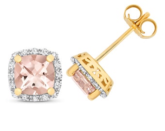 9ct Gold 0.16ct Diamond & Cushion Cut Pink Morganite 6mm Stud Earrings - Real 9K Gold