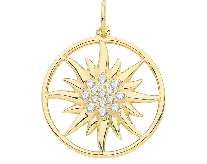 9ct Yellow Gold 17mm Sunburst Sun Cz Charm Pendant Hallmarked - Real 9K Gold