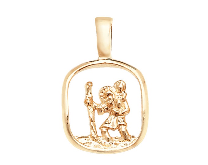 Small 9ct Yellow Gold 1.4cm Square Cut Out St Christopher Medallion Charm Pendant - Real 9K Gold