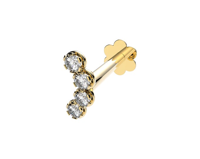 9ct Yellow Gold Curved 4 Stone Cz Bar Labret Cartilage 6mm Bar Single Stud Screw Top Earring - Solid 9K Gold