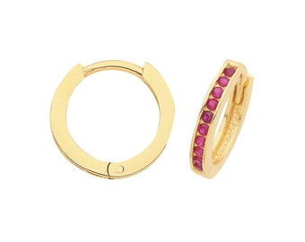 9ct Yellow Gold 8mm Internal Diameter Half Set Ruby Red Cz Hinged Huggies Hoop Earrings- Real 9K Gold