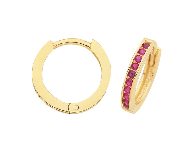 9ct Yellow Gold 8mm Internal Diameter Half Set Ruby Red Cz Hinged Huggies Hoop Earrings- Real 9K Gold