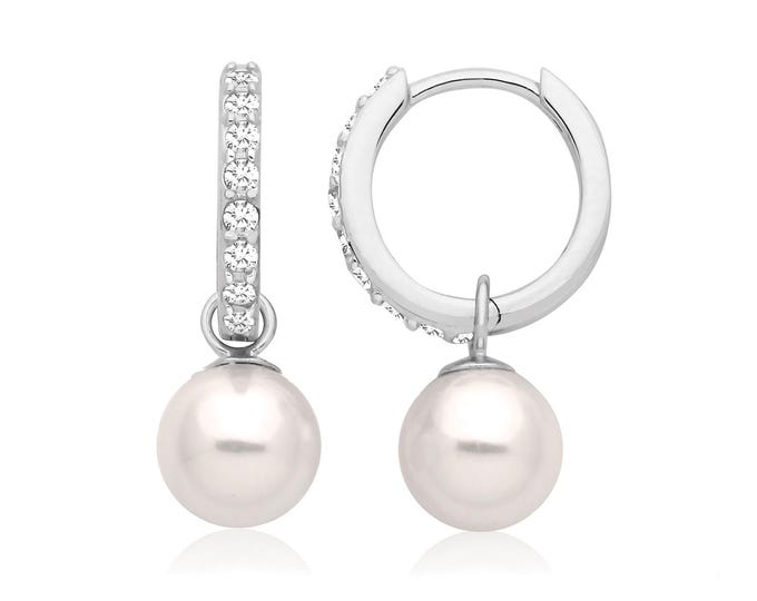 925 Sterling Silver 12mm Diameter Pave Cz Hinged Huggies Hoop Earrings With 7mm Shell Pearls