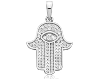 Rhodium Plated 925 Sterling Silver 20mm Hamsa Hand Pave Cz Evil Eye Talisman Charm Pendant