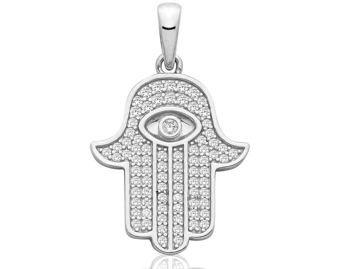 Rhodium Plated 925 Sterling Silver 20mm Hamsa Hand Pave Cz Evil Eye Talisman Charm Pendant