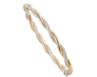 9ct Yellow & White Gold Plain and Ribbed Twisted Hinged Bangle Hallmarked - Real 9K Gold