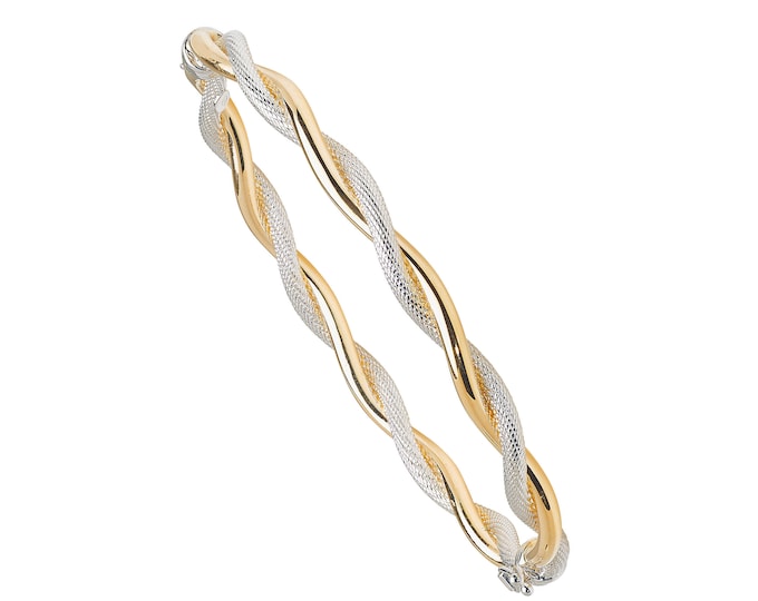 9ct Yellow & White Gold Plain and Ribbed Twisted Hinged Bangle Hallmarked - Real 9K Gold