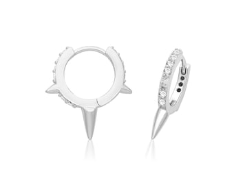 925 Sterling Silver 9mm Diameter Channel Set Cz Spike Huggies Hoop Earrings Rhodium Plated