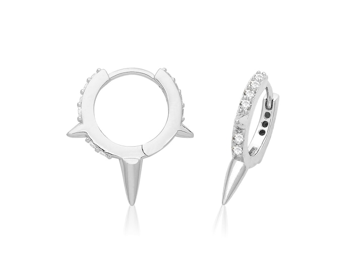 925 Sterling Silver 9mm Diameter Channel Set Cz Spike Huggies Hoop Earrings Rhodium Plated