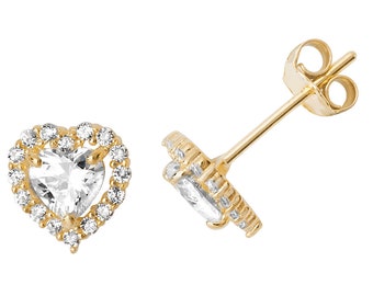 9ct Yellow Gold Solitaire Cz 7mm Heart Stud Earrings Halo Set With Cz Stones- Real 9K Gold