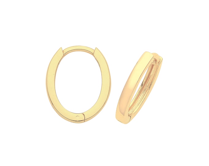 9ct Yellow Gold 11x8mm Oval Hinged Plain Huggies Hoop Earrings - Real 9K Gold