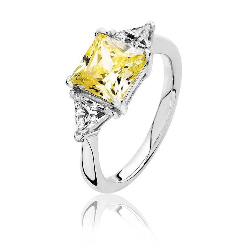 Rhodium Plated 925 Sterling Silver Claw Set Yellow Princess /& Trillion Cut 3 Stone Cz Engagement Ring