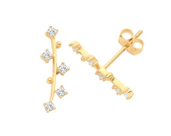 9ct Yellow Gold 15mm Brilliant Cz Leaf Climber Stud Earrings - Real 9K Gold