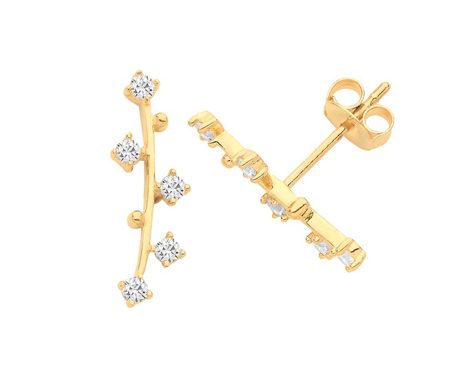 9ct Yellow Gold 15mm Brilliant Cz Leaf Climber Stud Earrings - Real 9K Gold