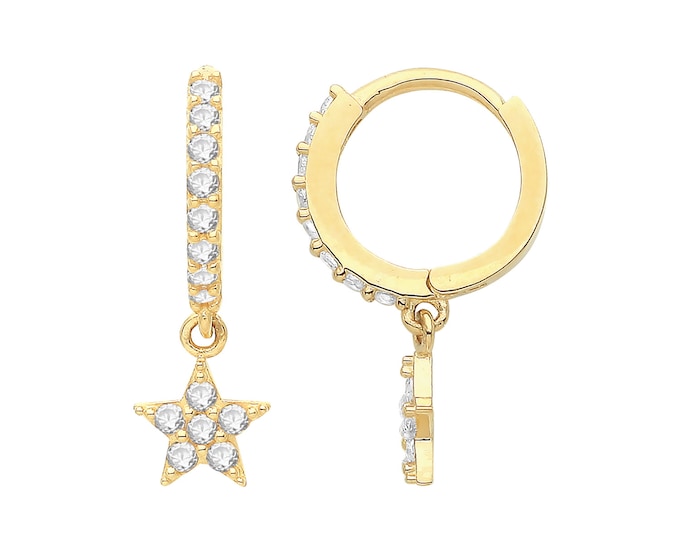 9ct Yellow Gold 7.5mm Hinged Cz Hoop Earrings With Cz Star Drop Charm - Real 9K Gold