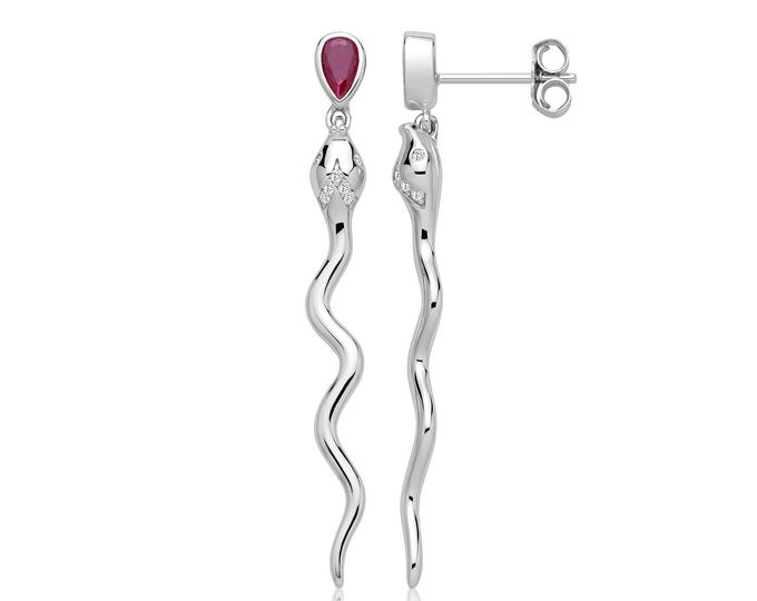 Silver Pear Cut Ruby Red Cz Snake Drop Earrings 4.2cm