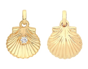 Small 9ct Yellow Gold 10mm Clam Shell Cz Charm Pendant - Real 9K Gold