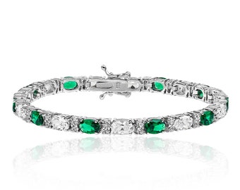 Ladies 925 Sterling Silver Oval Cut Claw Set Cz Emerald Green 7" Tennis Bracelet