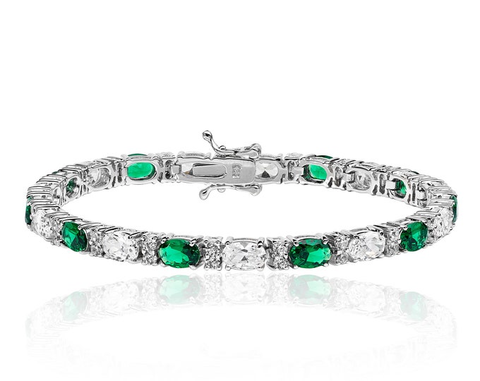 Ladies 925 Sterling Silver Oval Cut Claw Set Cz Emerald Green 7" Tennis Bracelet