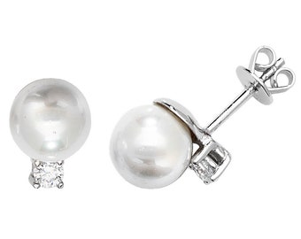 Rhodium Plated 925 Sterling Silver 6mm Freshwater Pearl Cz Stud Earrings